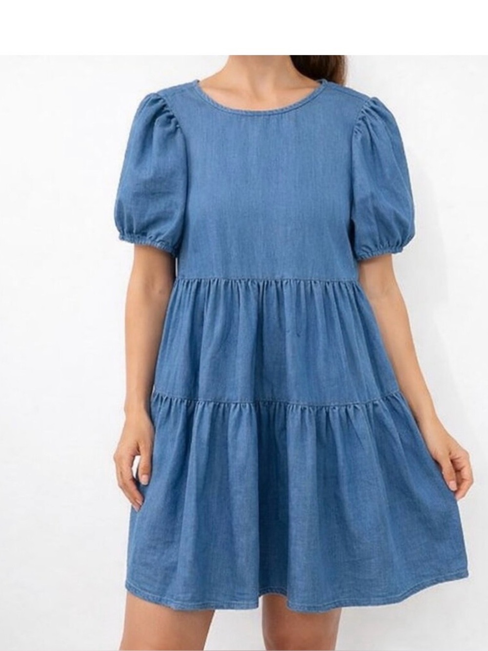 Jack+Avery Light Wash Denim Puff Sleeve Tiered Dress